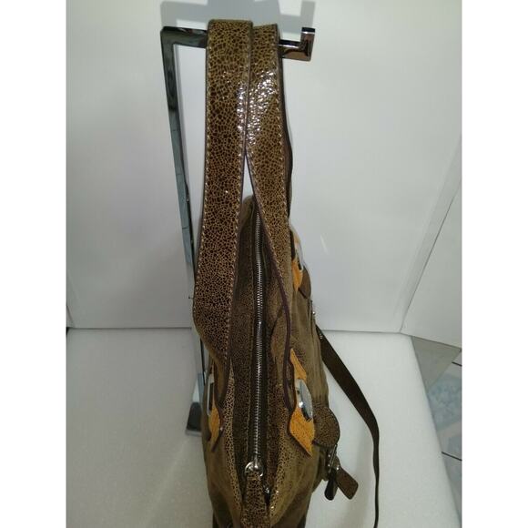 B. Makowsky Brown Metallic Leather Large Satchel Shoulder Bag - Picture 8 of 12